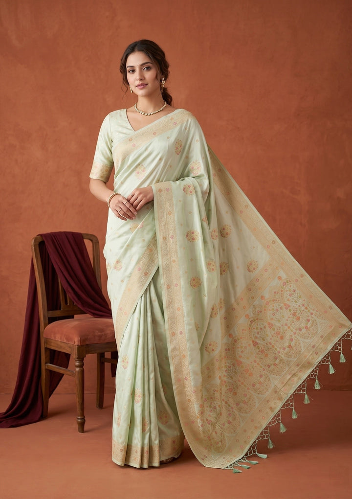 Sea Green Silk Buti Saree With Matching Blouse Piece