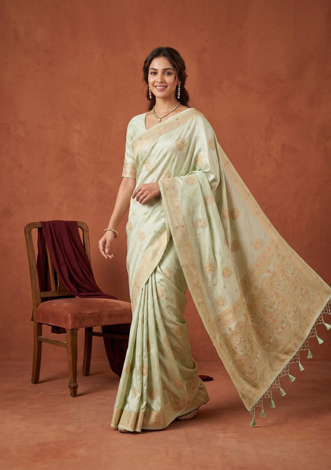 Sea Green Silk Buti Saree With Matching Blouse Piece