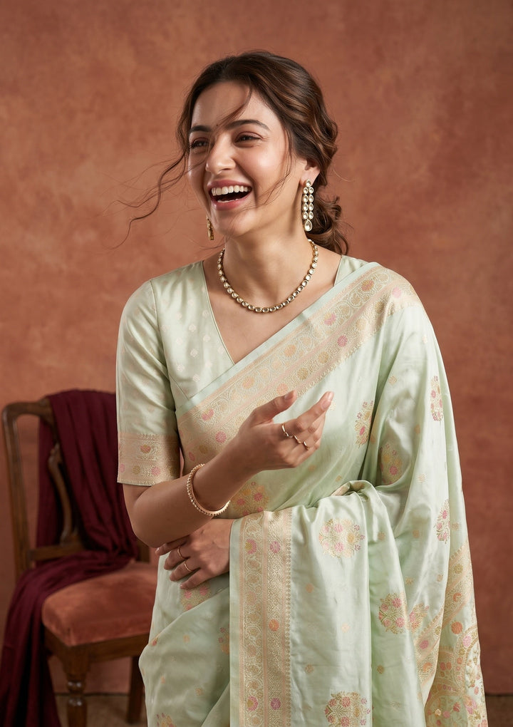 Sea Green Silk Buti Saree With Matching Blouse Piece