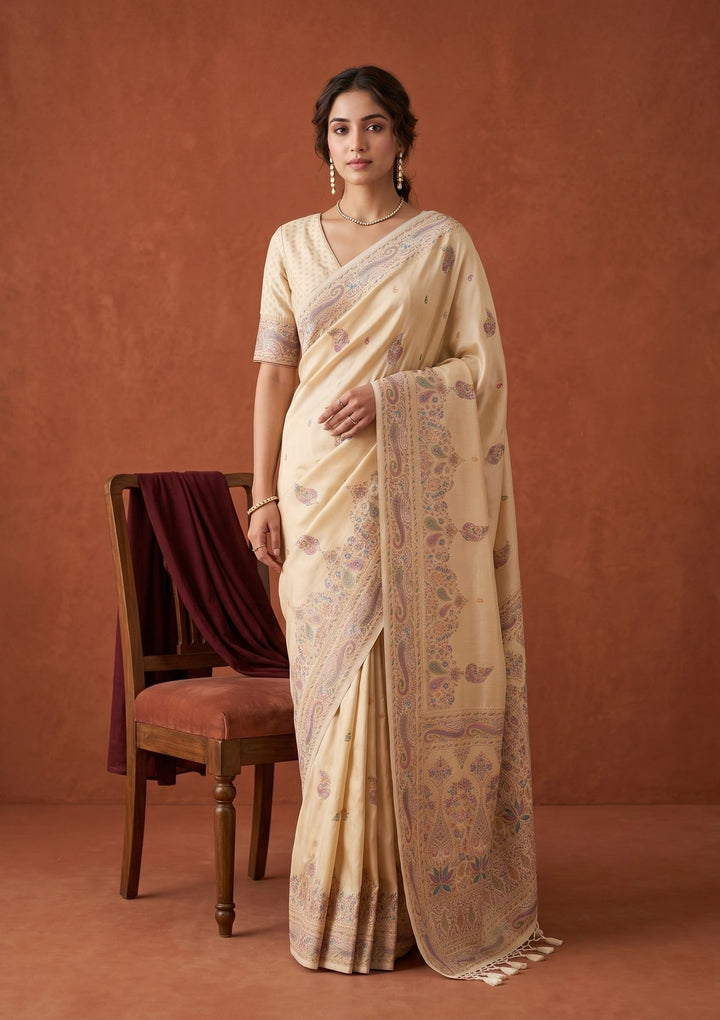 Cream Silk Buti Saree With Matching Blouse Piece
