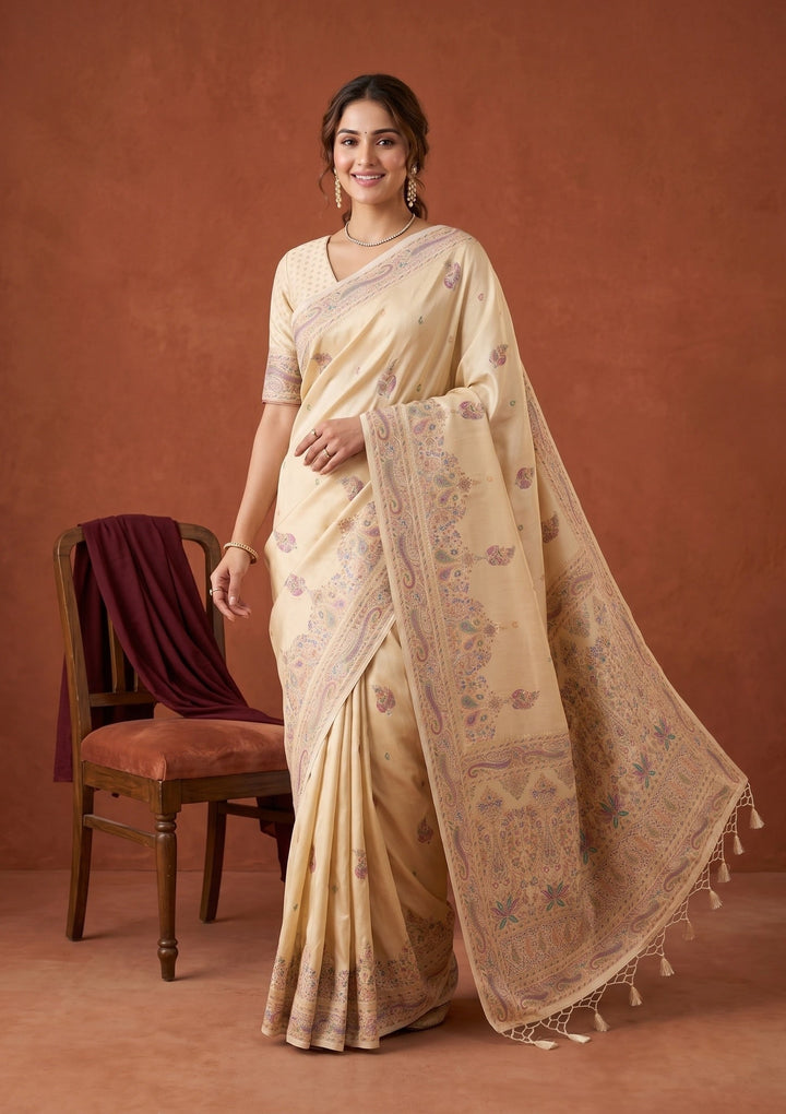 Cream Silk Buti Saree With Matching Blouse Piece