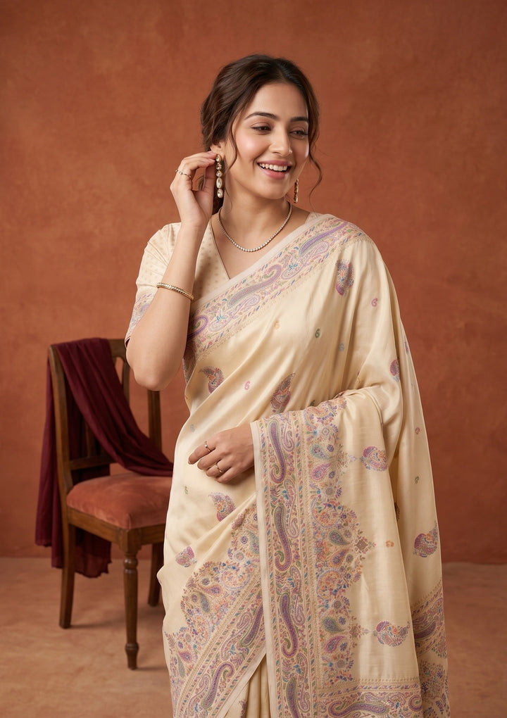 Cream Silk Buti Saree With Matching Blouse Piece