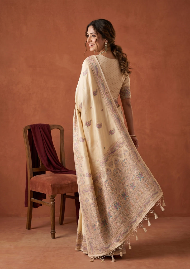 Cream Silk Buti Saree With Matching Blouse Piece