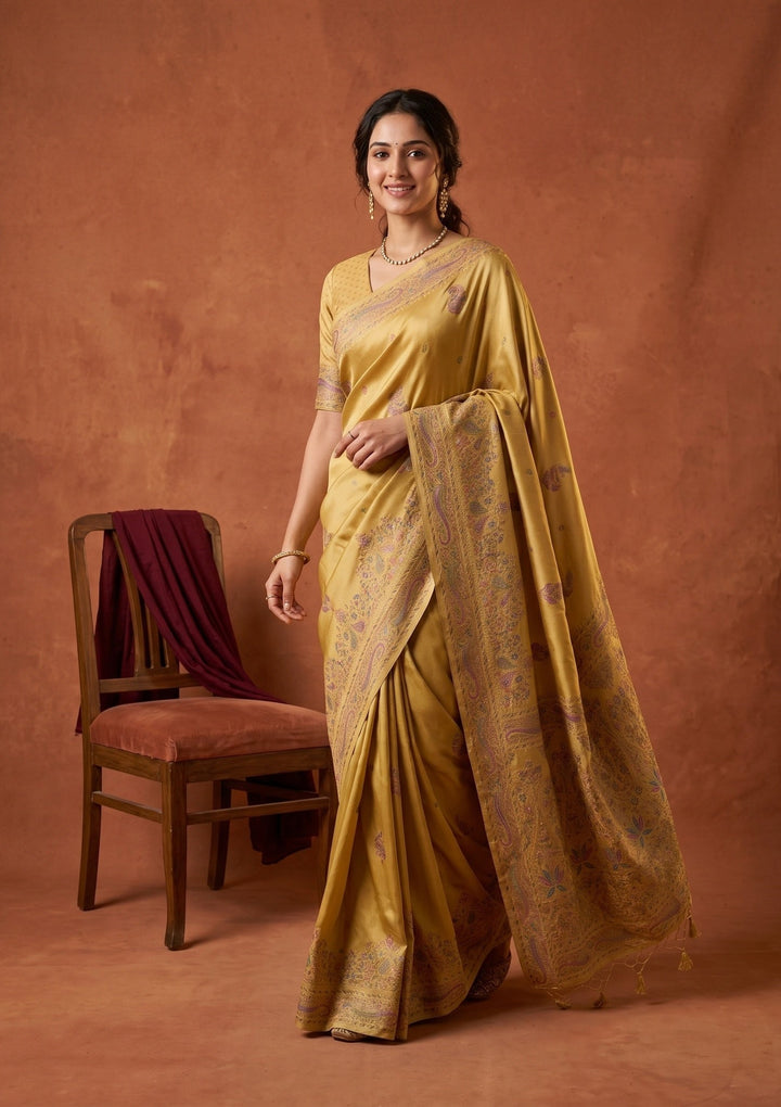 Gold Silk Buti Saree With Matching Blouse Piece