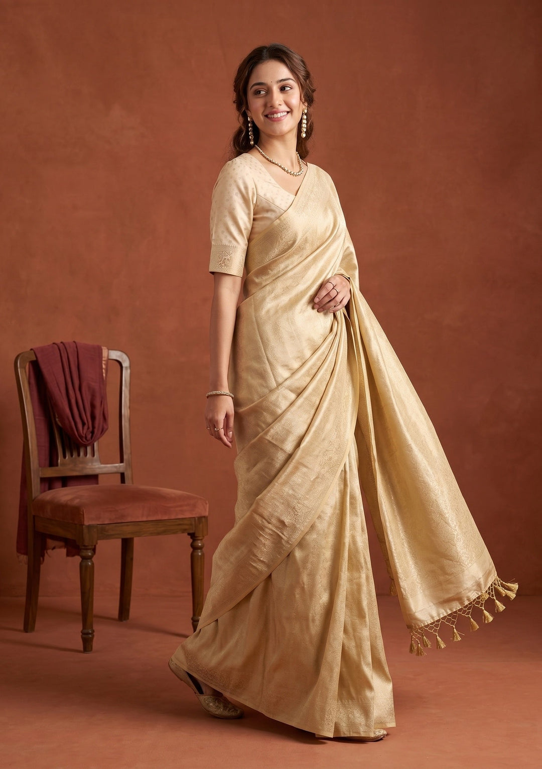 Gold Silk Jaal Saree With Matching Blouse Piece