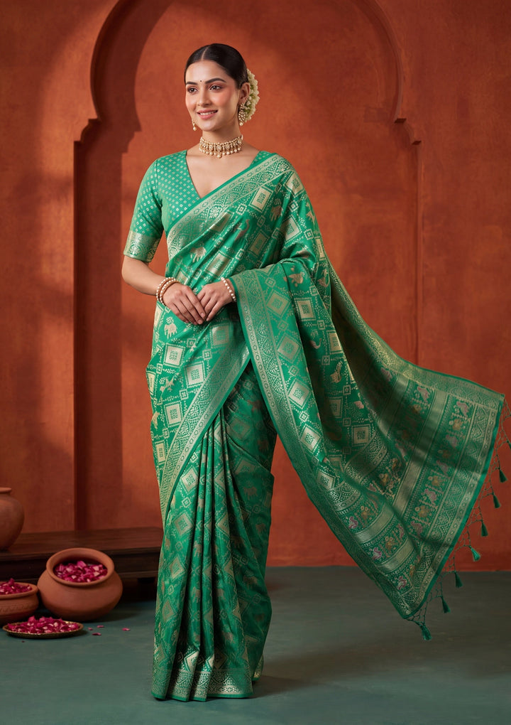 Rama Green Satin Checks Saree With Matching Blouse Piece
