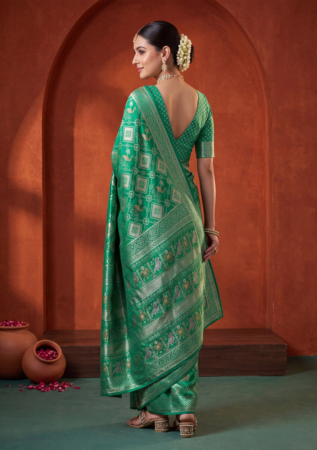Rama Green Satin Checks Saree With Matching Blouse Piece
