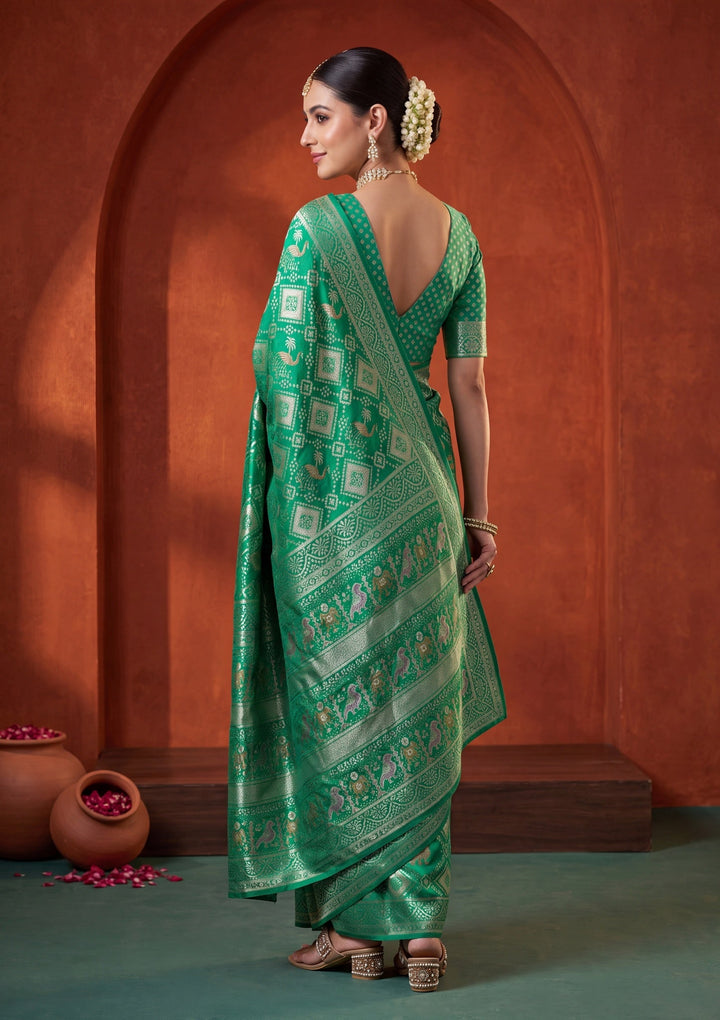 Rama Green Satin Checks Saree With Matching Blouse Piece