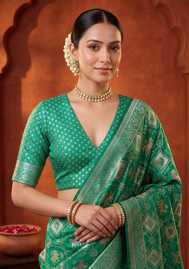 Rama Green Satin Checks Saree With Matching Blouse Piece