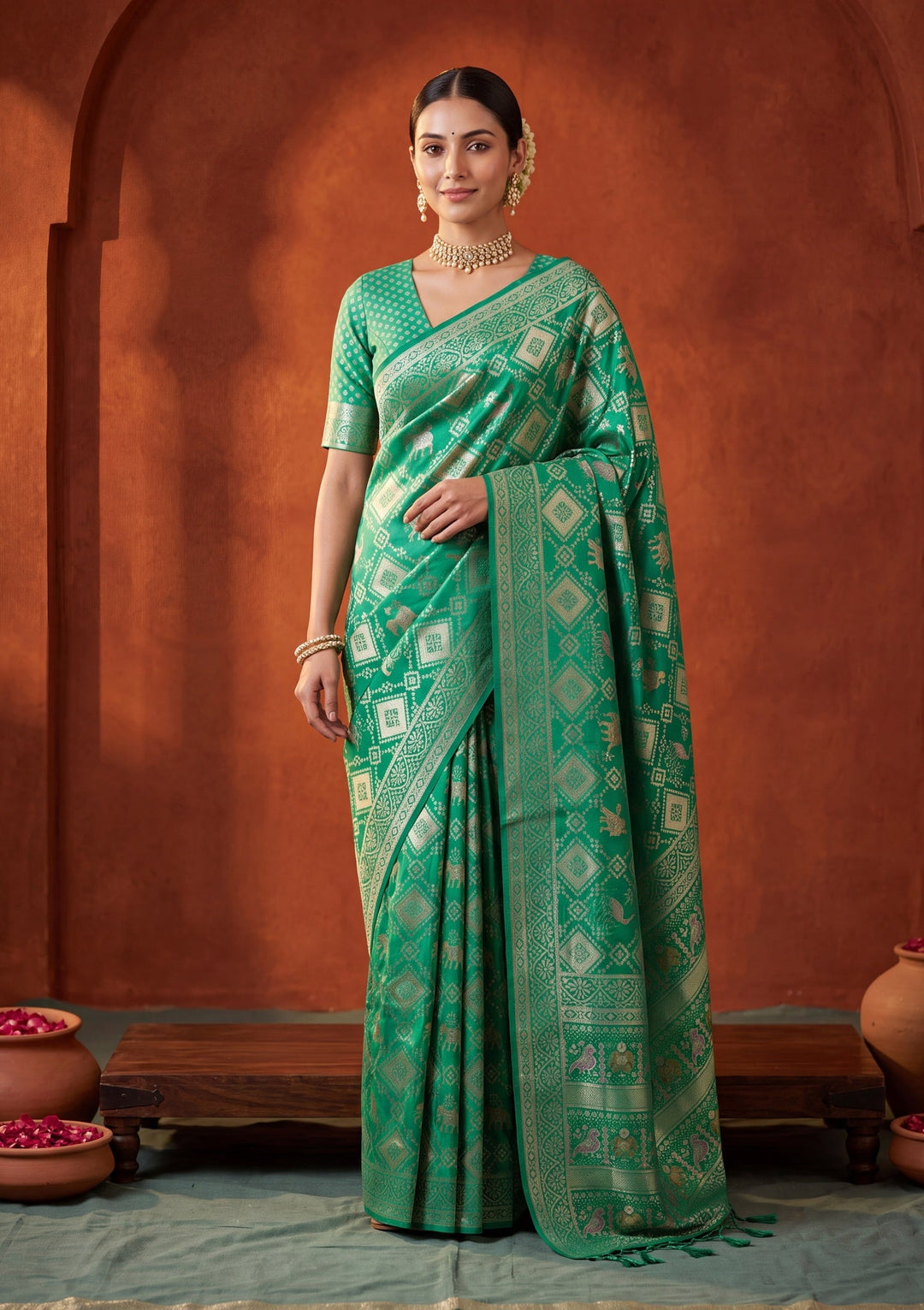 Rama Green Satin Checks Saree With Matching Blouse Piece
