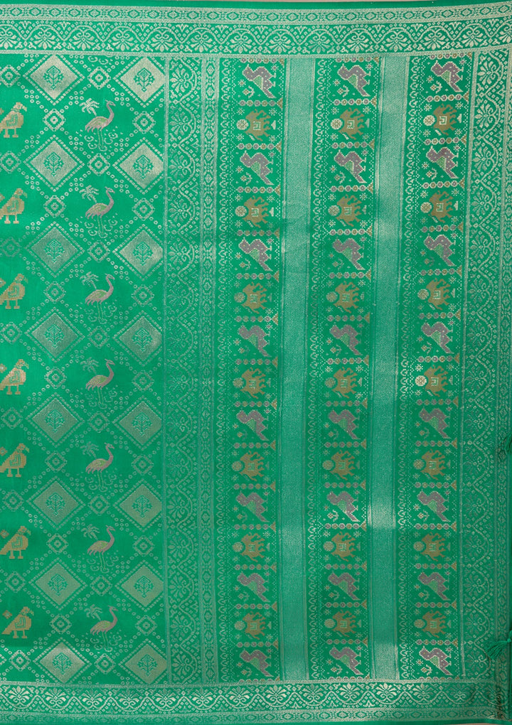 Rama Green Satin Checks Saree With Matching Blouse Piece