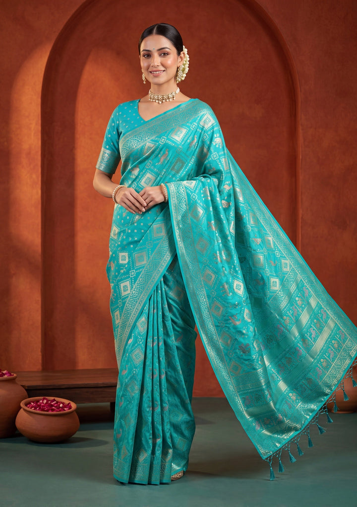 Turquoise Blue Satin Checks Saree With Matching Blouse Piece