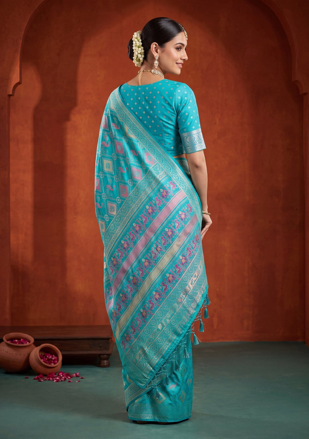 Turquoise Blue Satin Checks Saree With Matching Blouse Piece