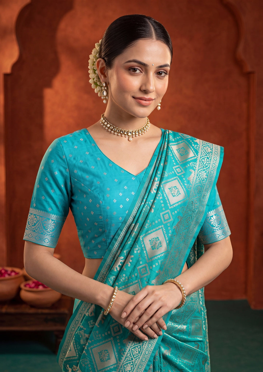 Turquoise Blue Satin Checks Saree With Matching Blouse Piece