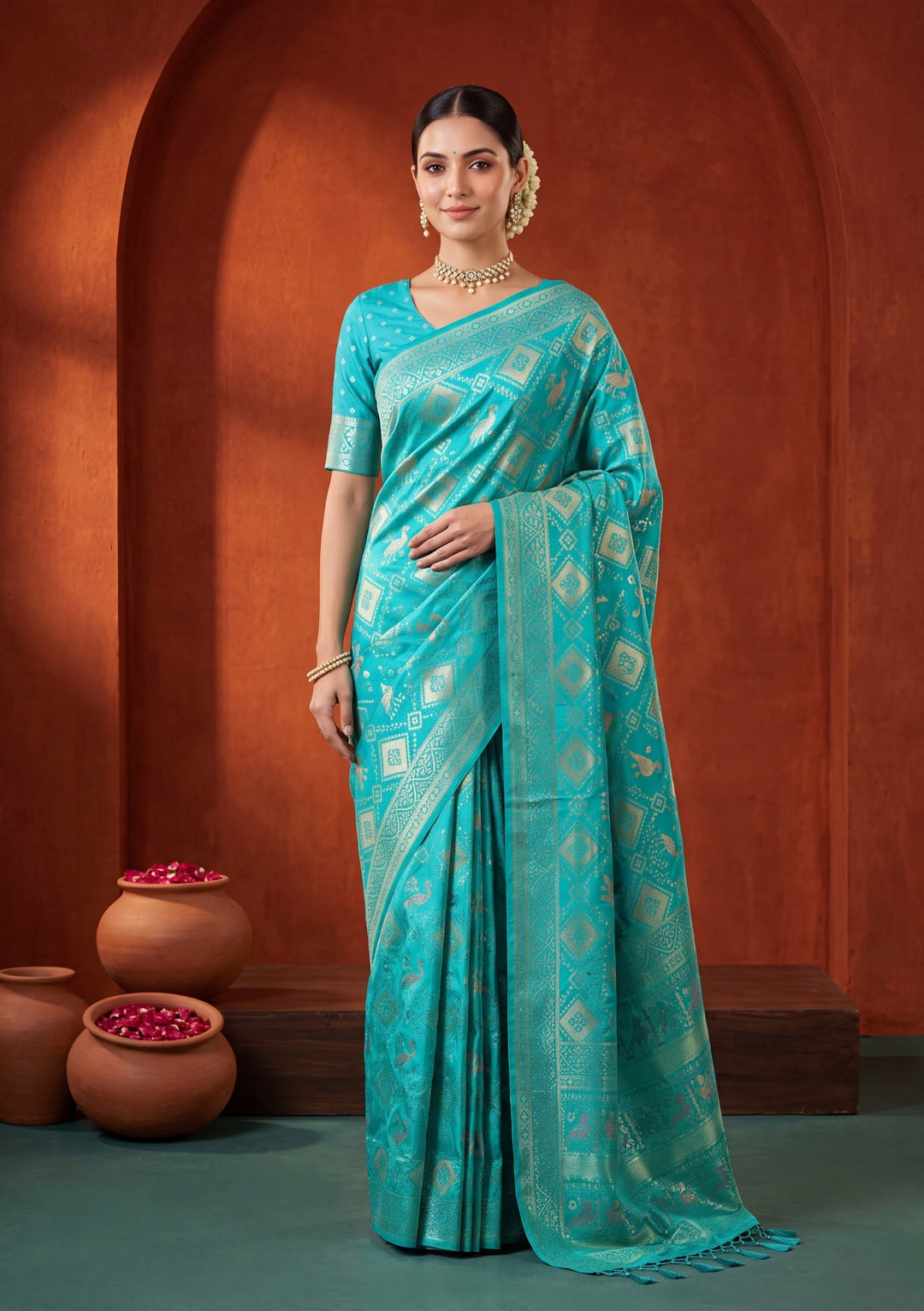 Turquoise Blue Satin Checks Saree With Matching Blouse Piece
