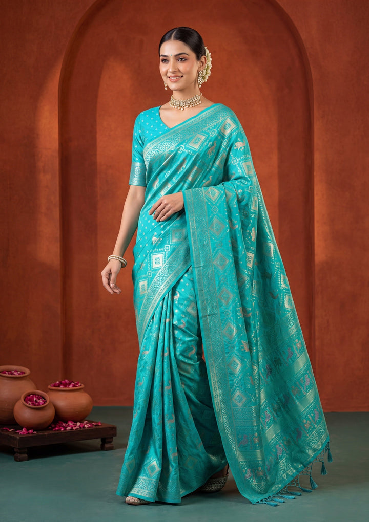 Turquoise Blue Satin Checks Saree With Matching Blouse Piece