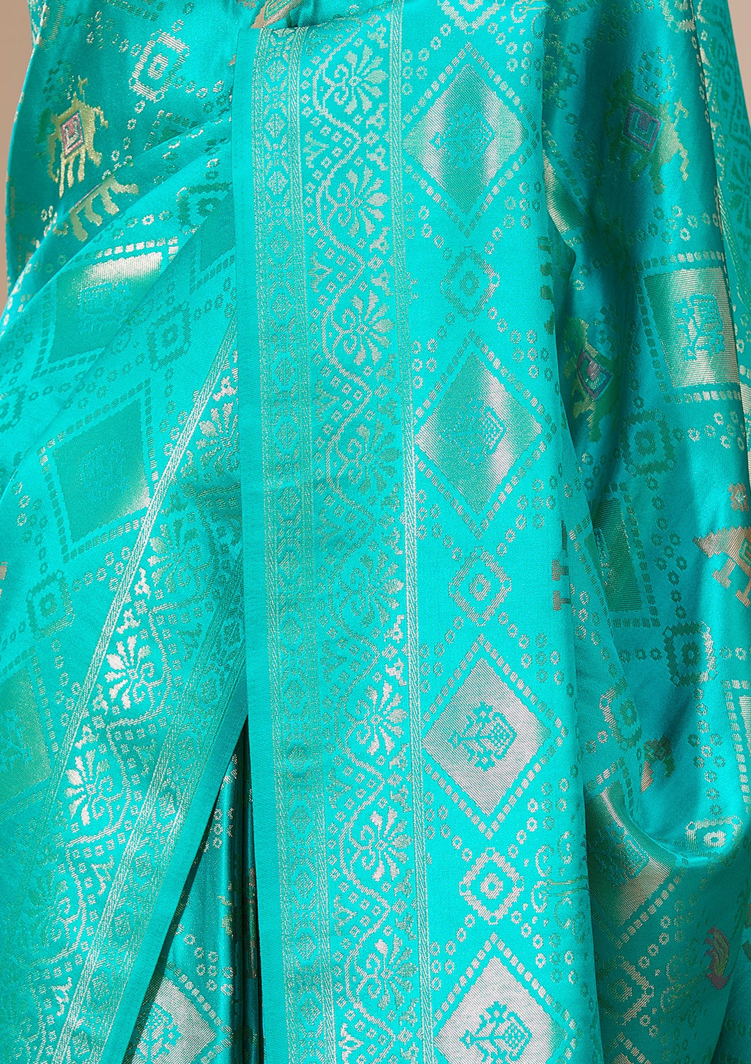 Turquoise Blue Satin Checks Saree With Matching Blouse Piece