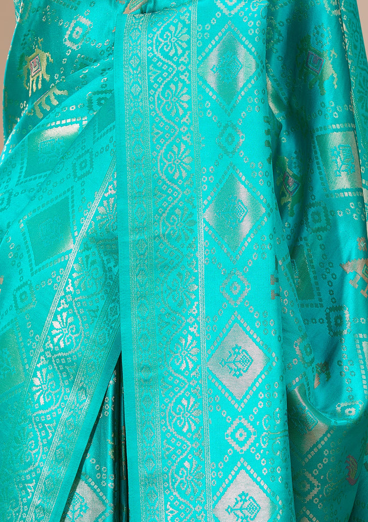 Turquoise Blue Satin Checks Saree With Matching Blouse Piece