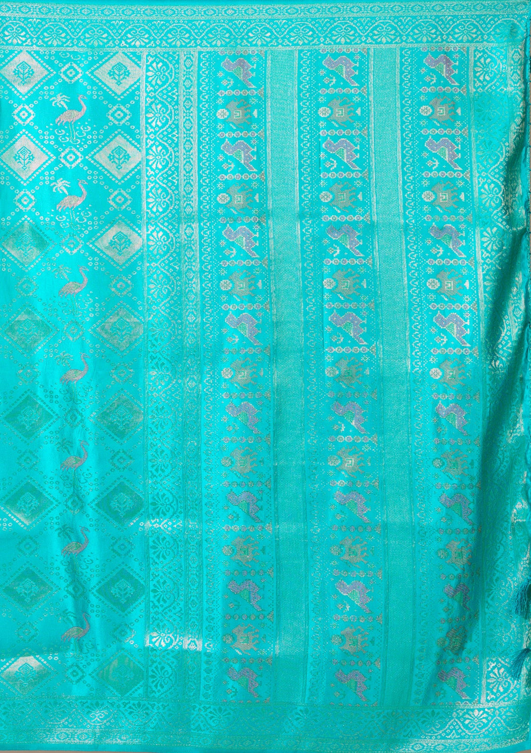 Turquoise Blue Satin Checks Saree With Matching Blouse Piece
