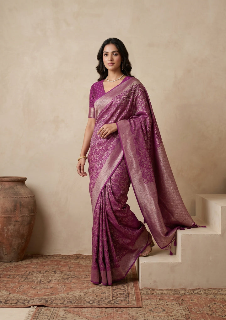 Purple Silk Jaal Saree With Matching Blouse Piece