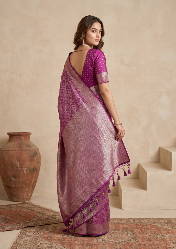 Purple Silk Jaal Saree With Matching Blouse Piece