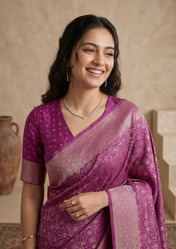 Purple Silk Jaal Saree With Matching Blouse Piece