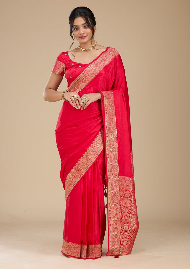 Rani Pink Satin Plain Saree With Matching Blouse Piece