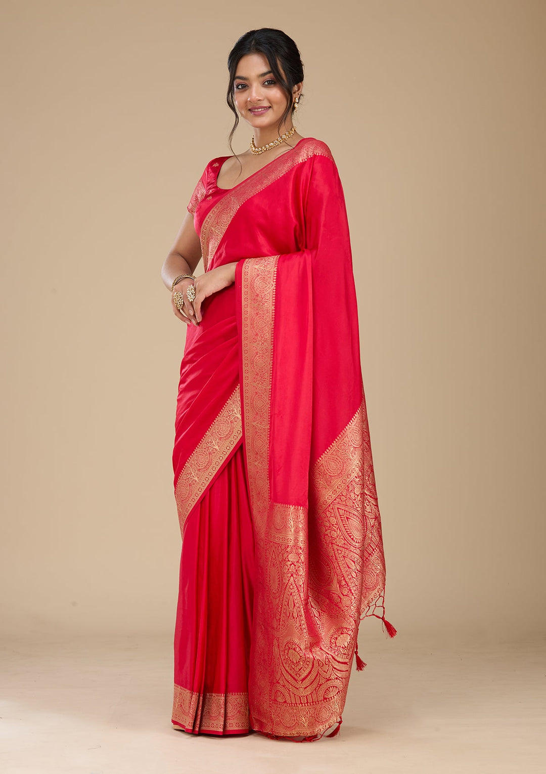 Rani Pink Satin Plain Saree With Matching Blouse Piece