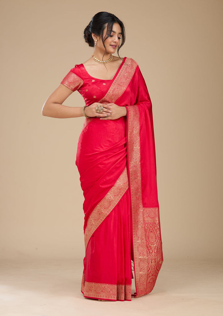 Rani Pink Satin Plain Saree With Matching Blouse Piece