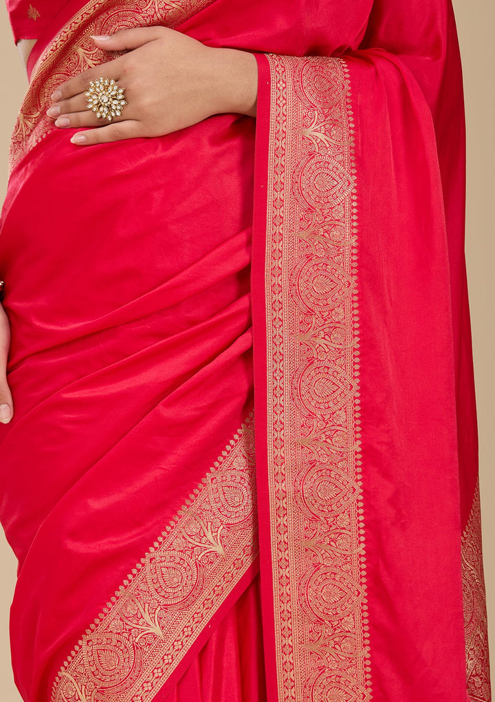 Rani Pink Satin Plain Saree With Matching Blouse Piece