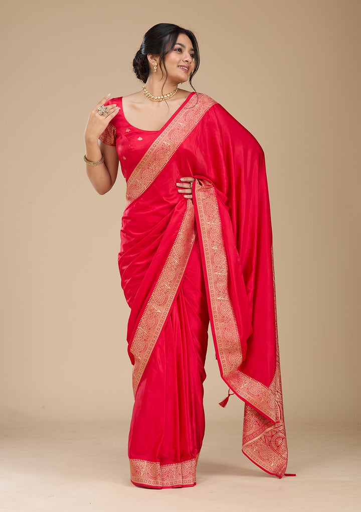 Rani Pink Satin Plain Saree With Matching Blouse Piece