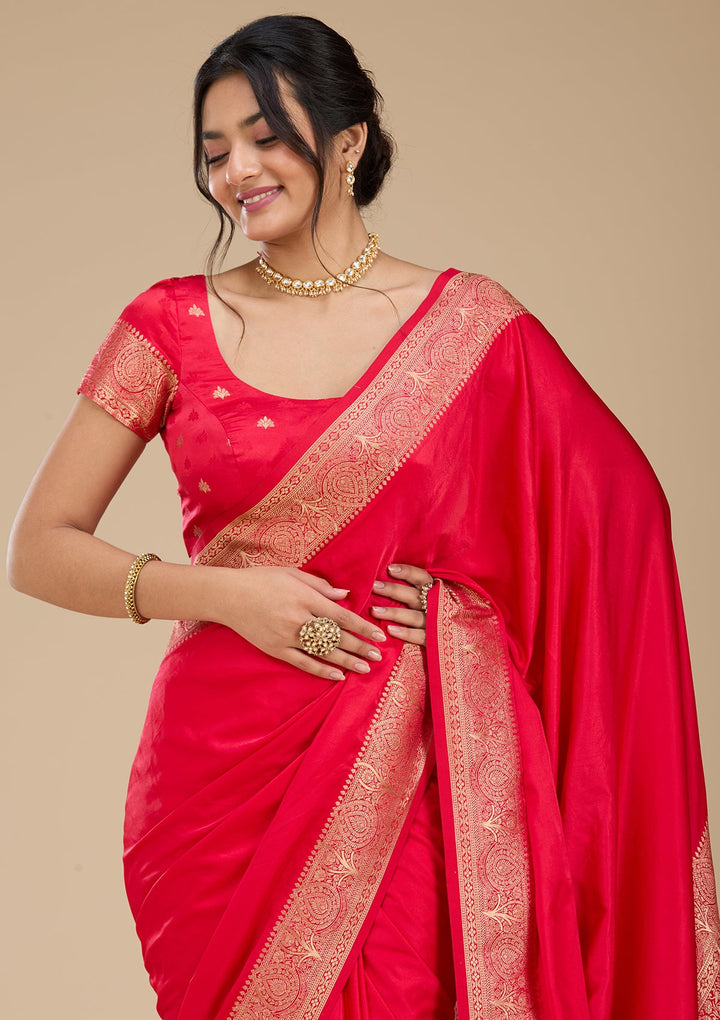 Rani Pink Satin Plain Saree With Matching Blouse Piece