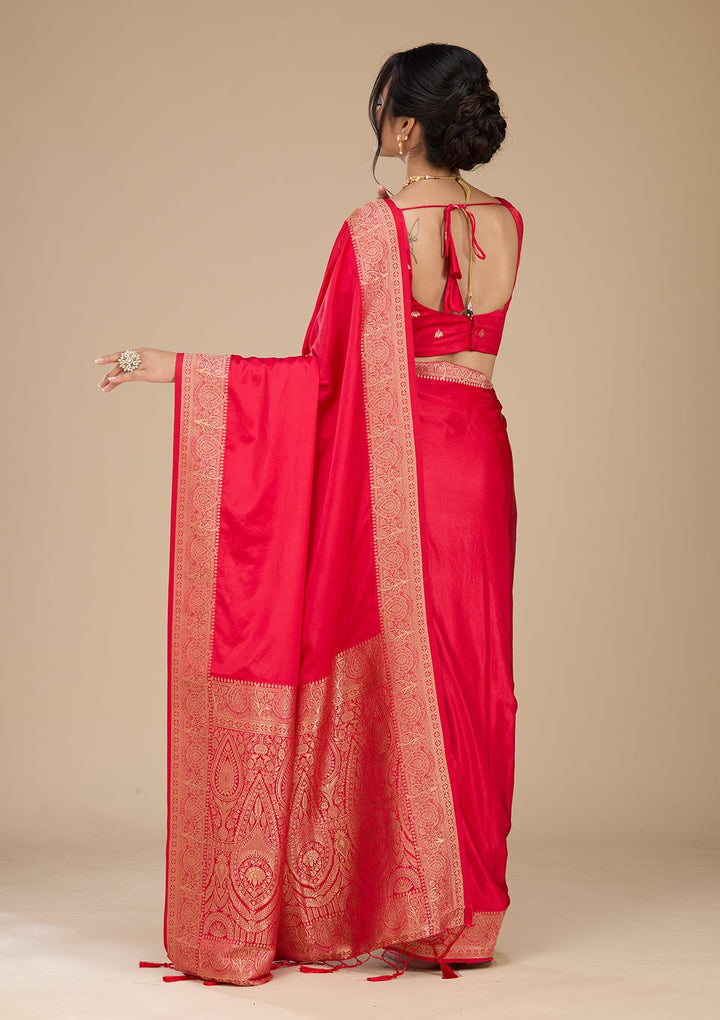 Rani Pink Satin Plain Saree With Matching Blouse Piece