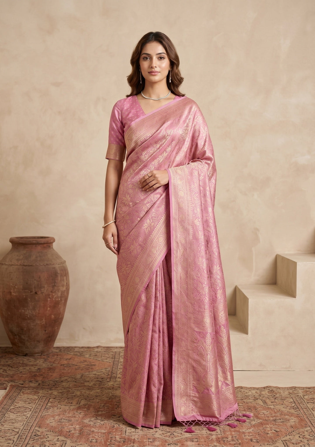 Onion Pink Silk Jaal Saree With Matching Blouse Piece
