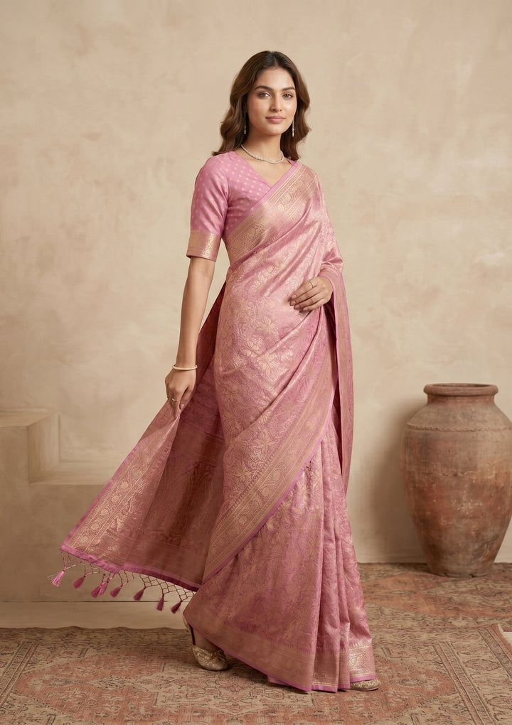 Onion Pink Silk Jaal Saree With Matching Blouse Piece