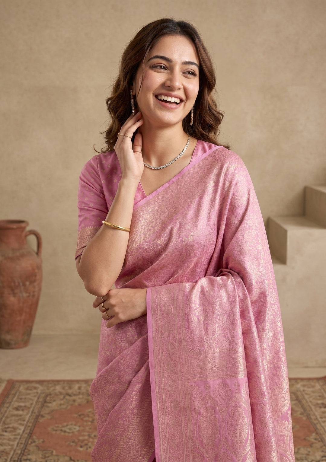 Onion Pink Silk Jaal Saree With Matching Blouse Piece