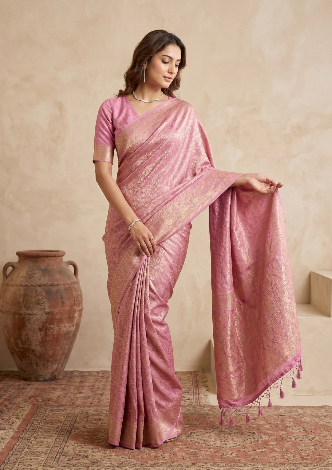 Onion Pink Silk Jaal Saree With Matching Blouse Piece