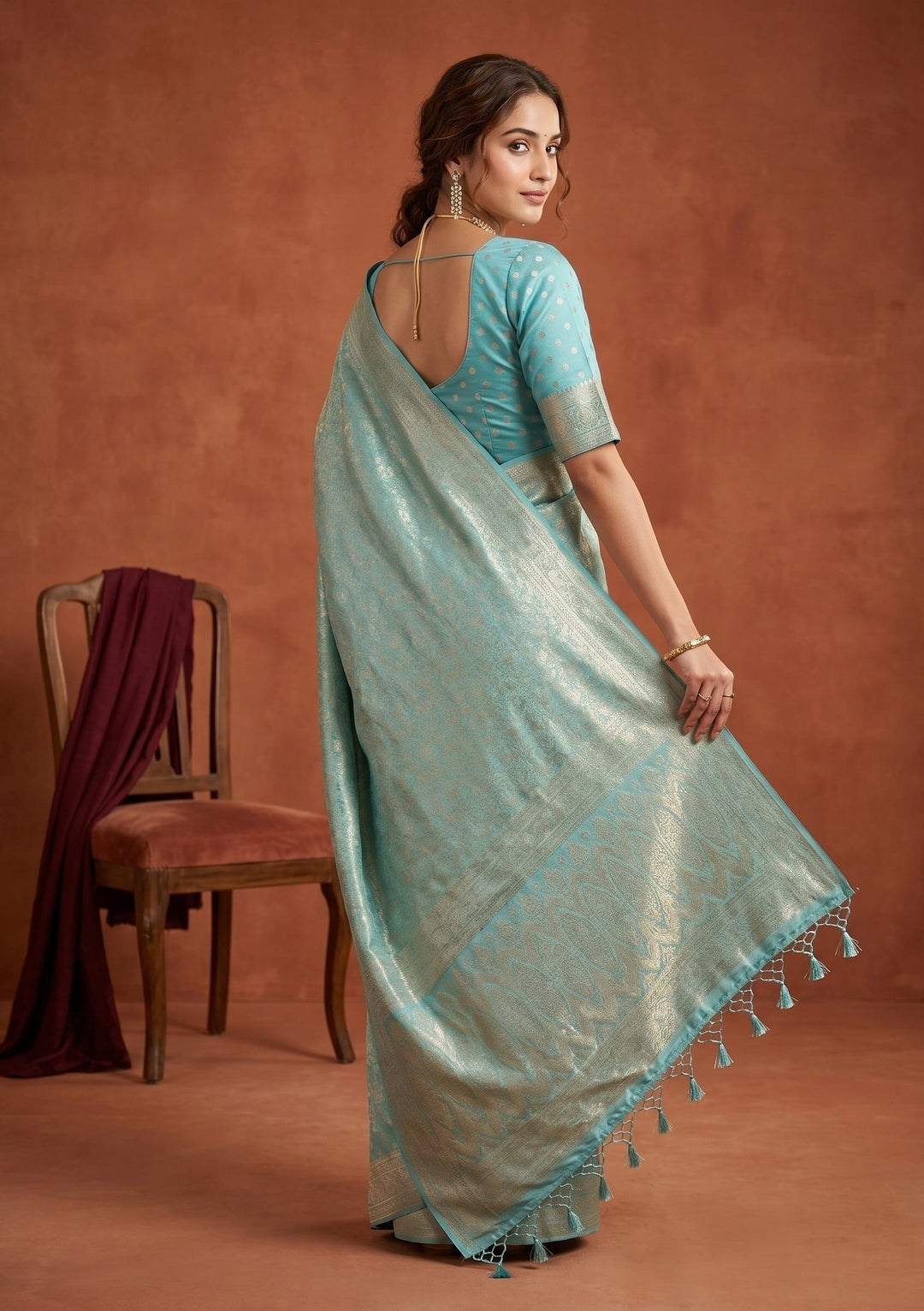 Sky Blue Silk Jaal Saree With Matching Blouse Piece