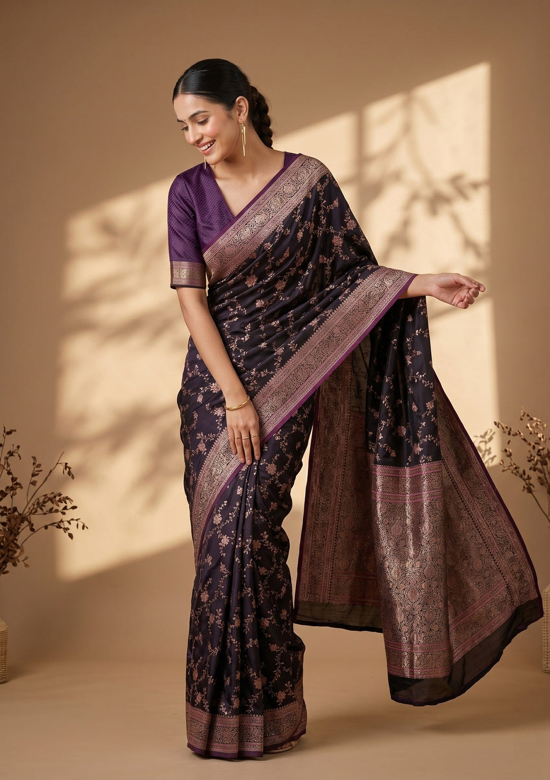Wine Banarasi Art Silk Saree