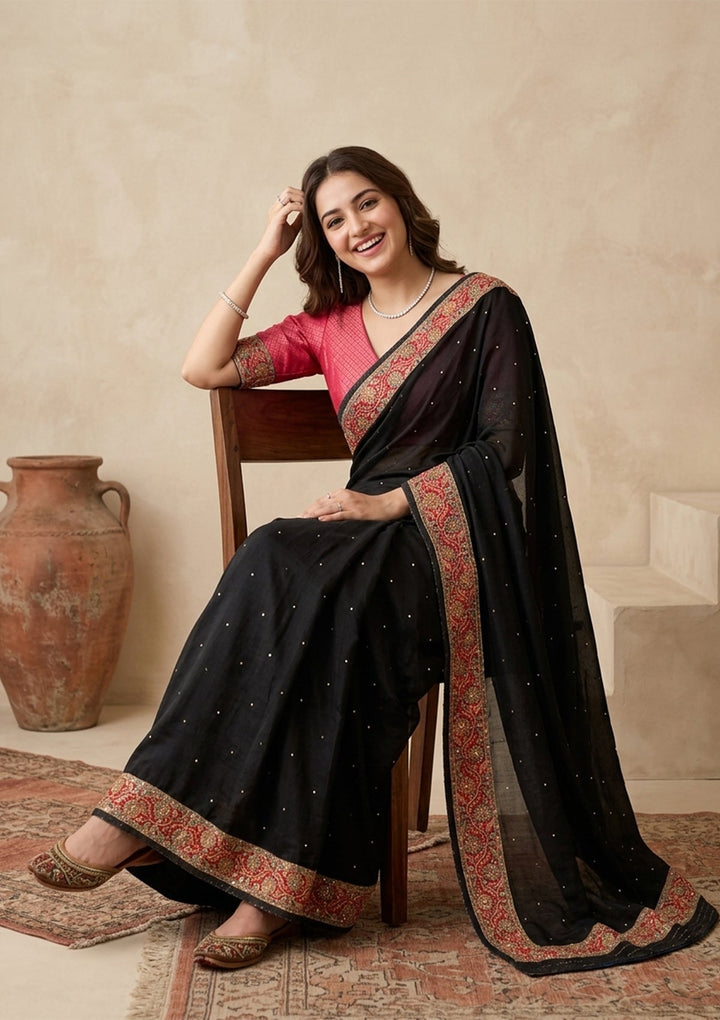 Black Silk Buti Cutdana Saree With Matching Blouse Piece