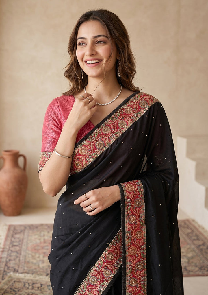 Black Silk Buti Cutdana Saree With Matching Blouse Piece