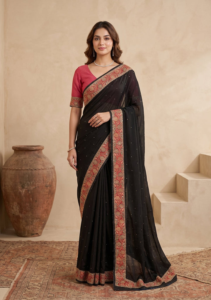 Black Silk Buti Cutdana Saree With Matching Blouse Piece