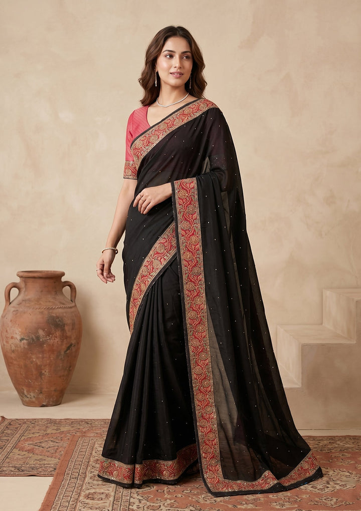 Black Silk Buti Cutdana Saree With Matching Blouse Piece