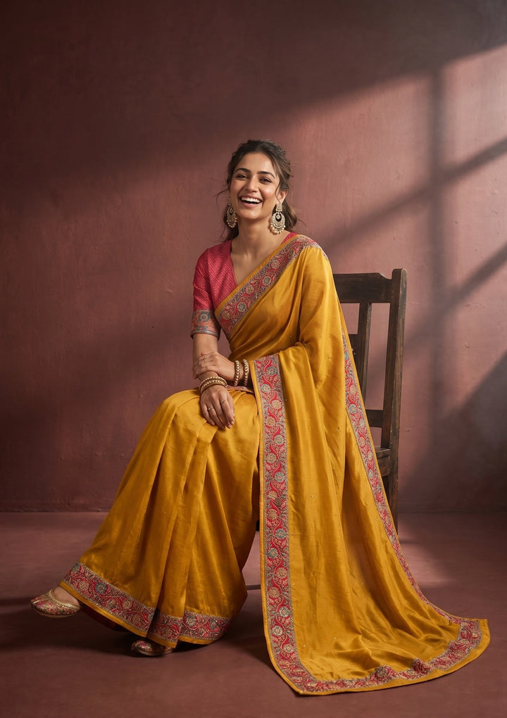 Mustard Yellow Silk Buti Cutdana Saree With Matching Blouse Piece