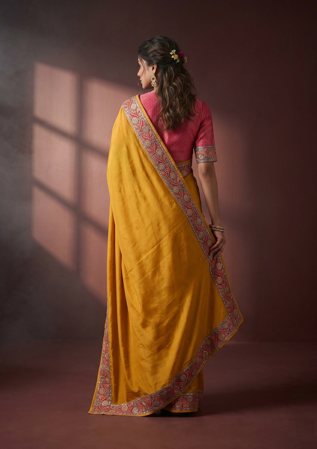 Mustard Yellow Silk Buti Cutdana Saree With Matching Blouse Piece