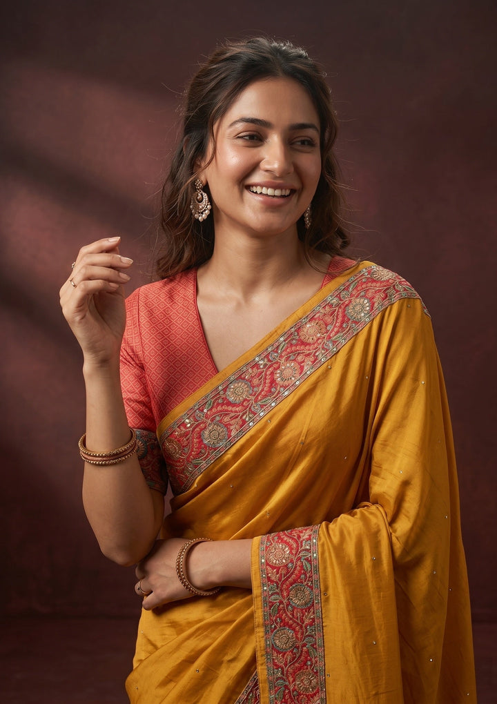 Mustard Yellow Silk Buti Cutdana Saree With Matching Blouse Piece