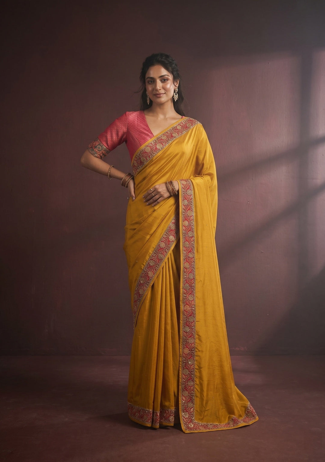 Mustard Yellow Silk Buti Cutdana Saree With Matching Blouse Piece