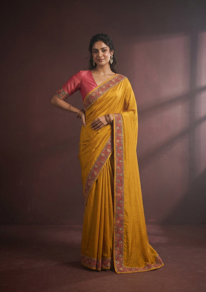 Mustard Yellow Silk Buti Cutdana Saree With Matching Blouse Piece