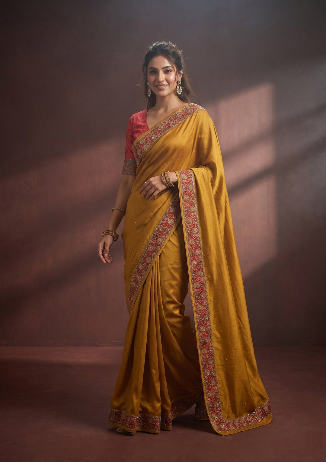 Mustard Yellow Silk Buti Cutdana Saree With Matching Blouse Piece