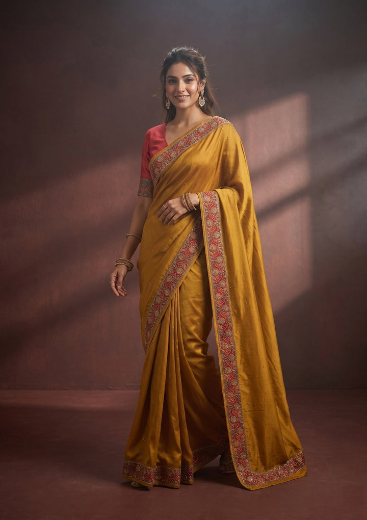 Mustard Yellow Silk Buti Cutdana Saree With Matching Blouse Piece